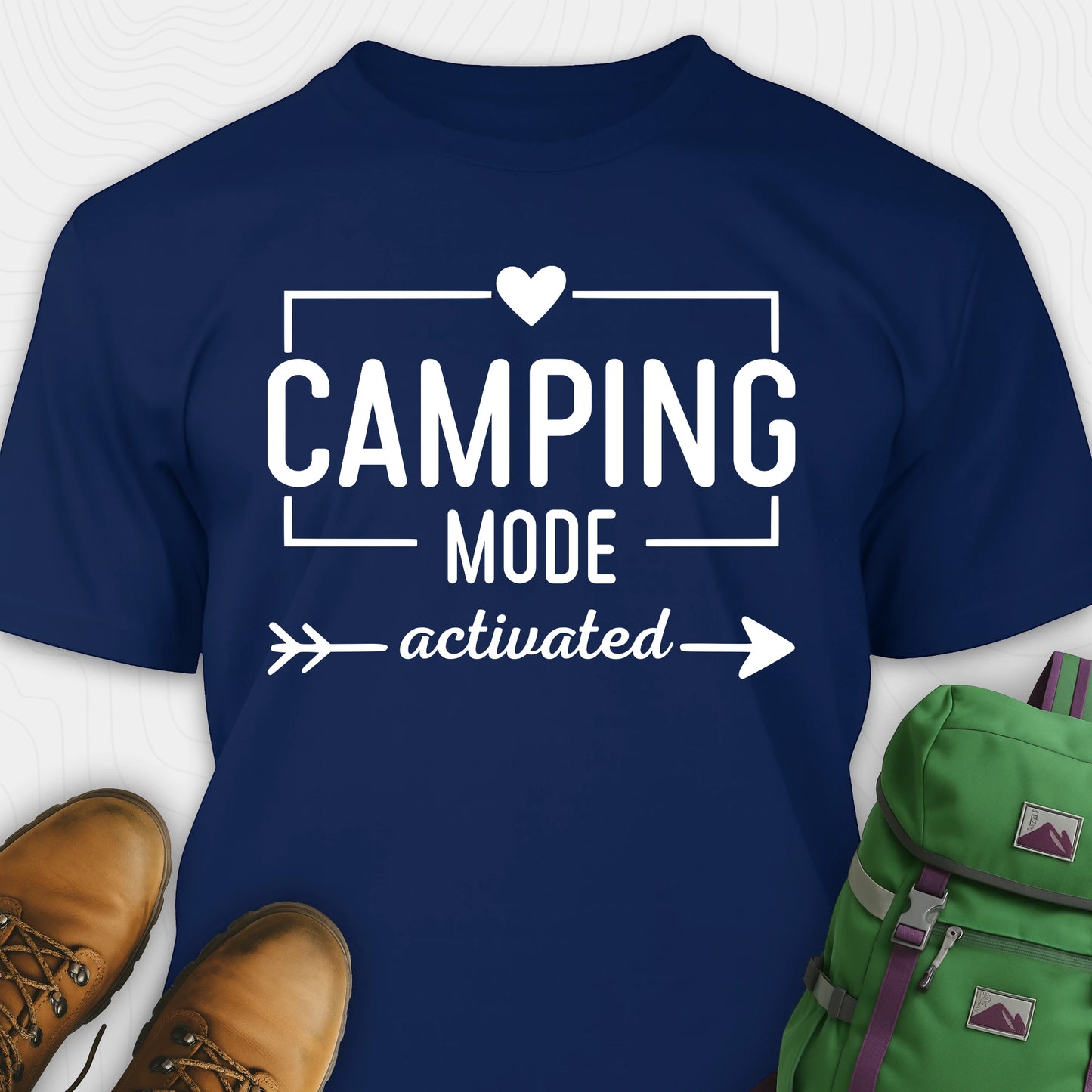 Navy camping mode activated shirt with heart and arrow design
