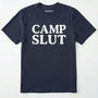 Navy camp slut shirt in bold font on a white background.