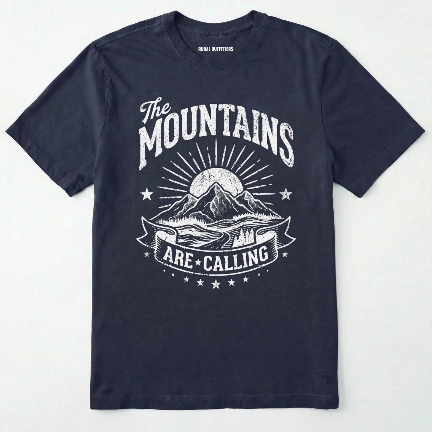 Navy t-shirt with white mountain graphic and text on a light grey background
