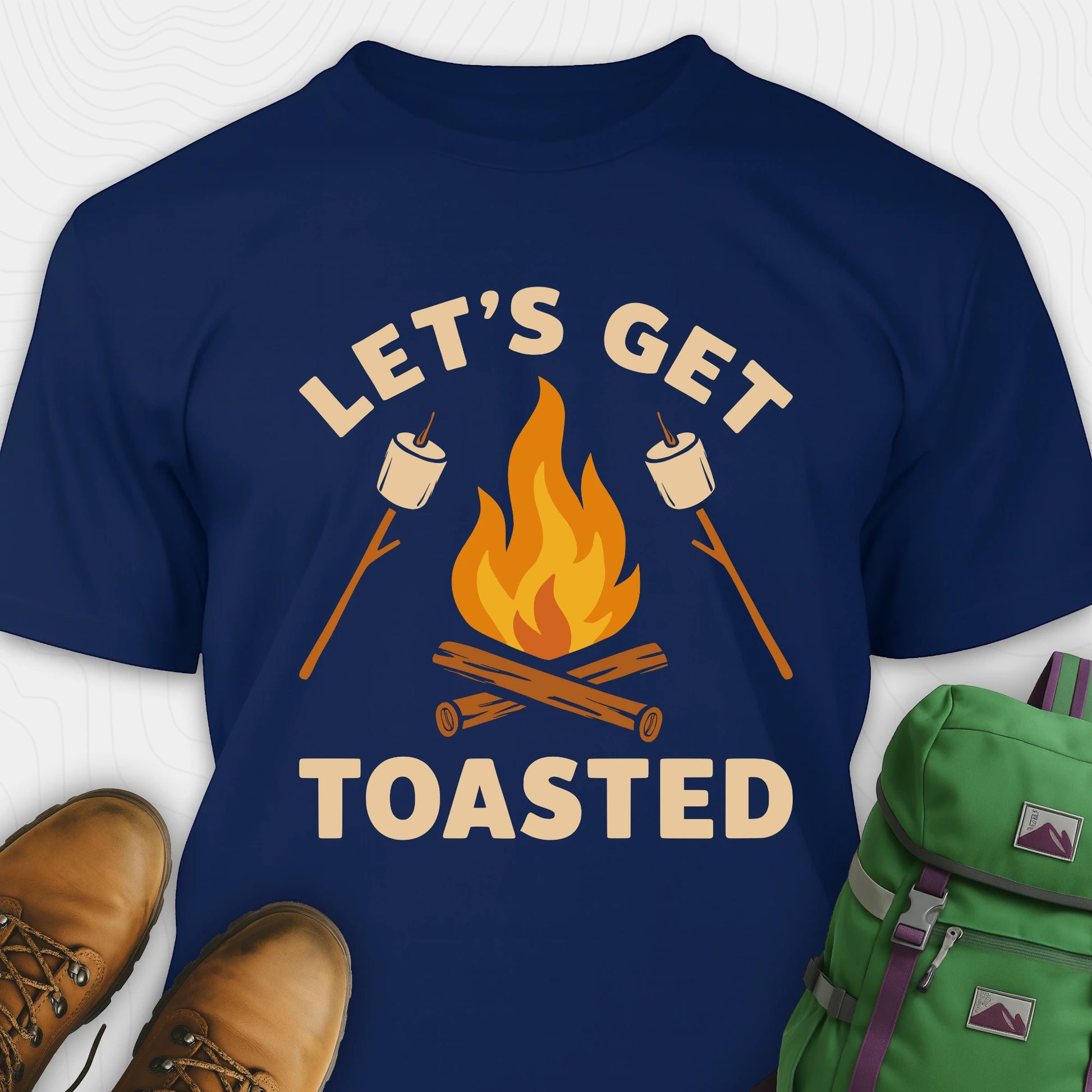 Navy let’s get toasted shirt with campfire and roasting marshmallow graphic