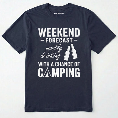 Navy t-shirt with white text 'weekend forecast mostly drinking with a chance of camping' on a white background
