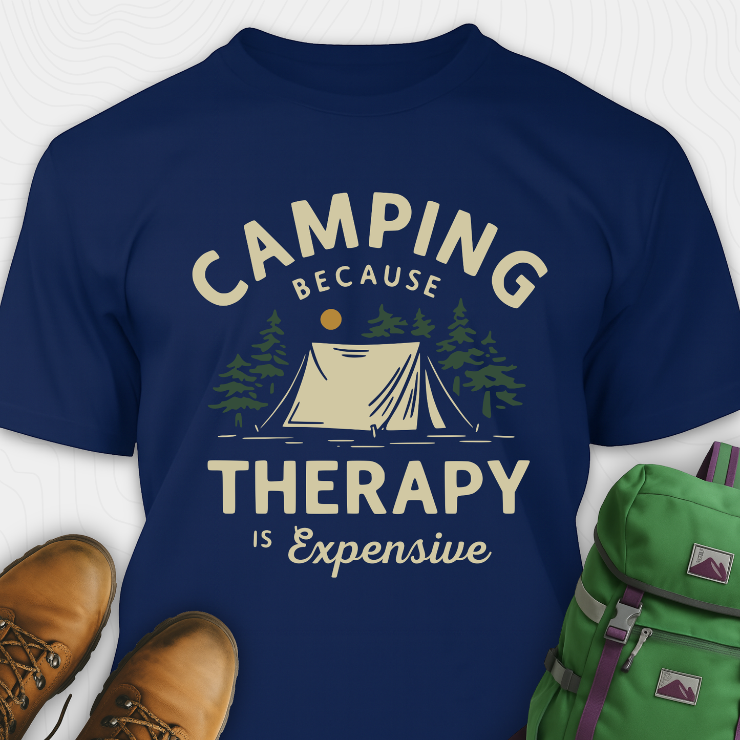 Navy camping therapy shirt with tent and pine trees design and "camping because therapy is expensive" text