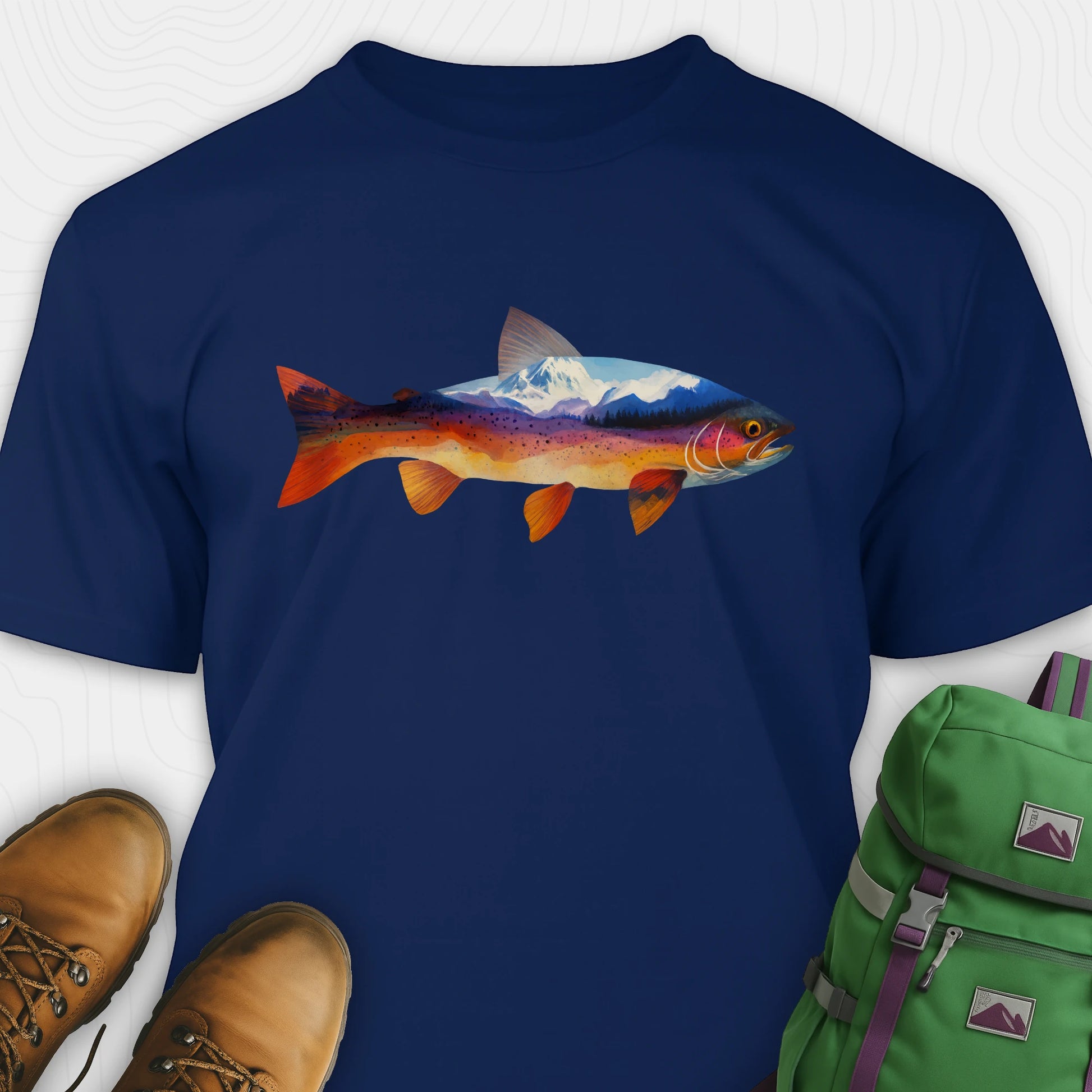 Navy Fish shirt with a colorful trout and mountain landscape graphic