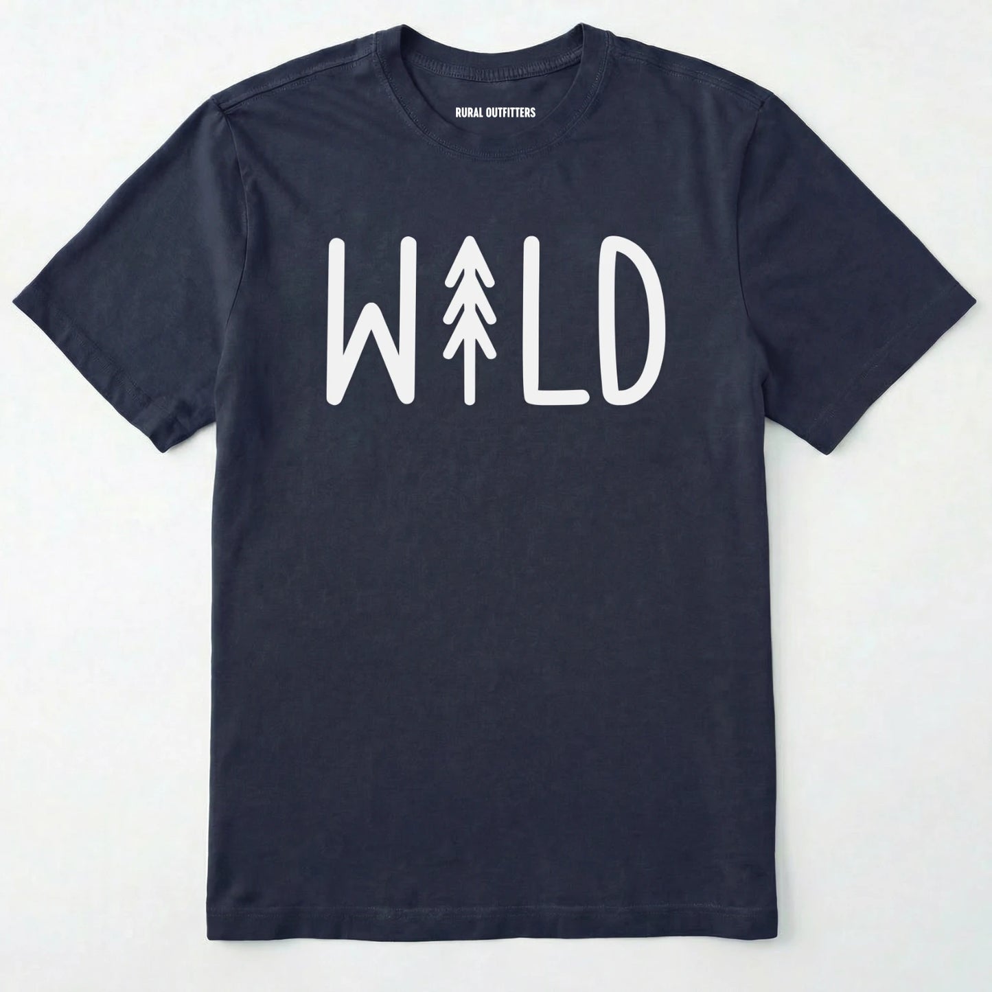 Navy t-shirt with 'wild' and a tree graphic on a white background