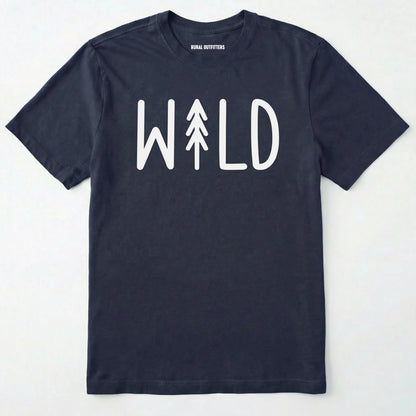 Navy t-shirt with 'wild' and a tree graphic on a white background
