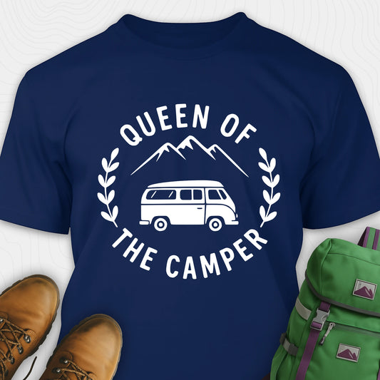 Navy camper queen t-shirt with camper van and mountains graphic 