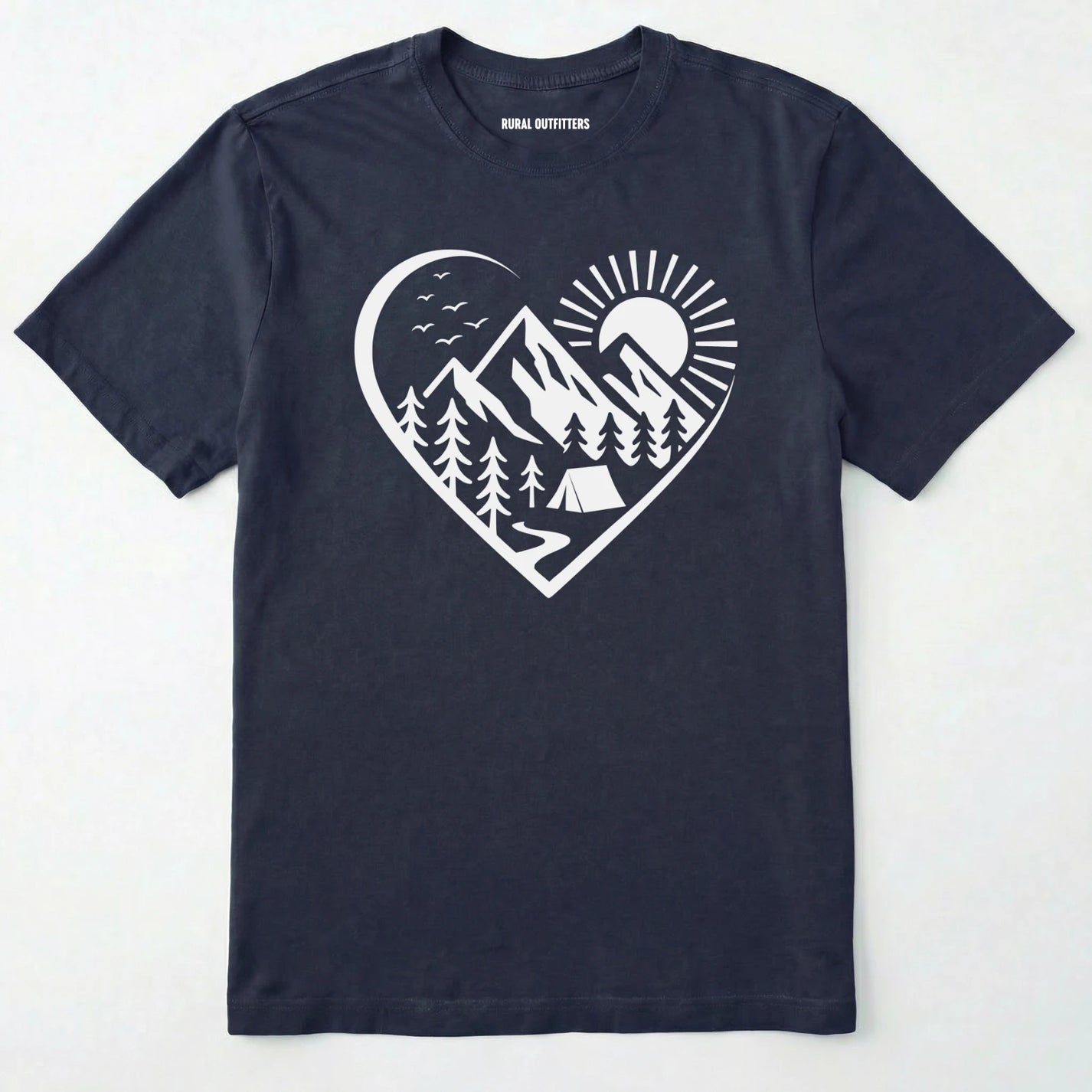 Navy nature t-shirt featuring a heart graphic with mountains, trees, and tent illustration