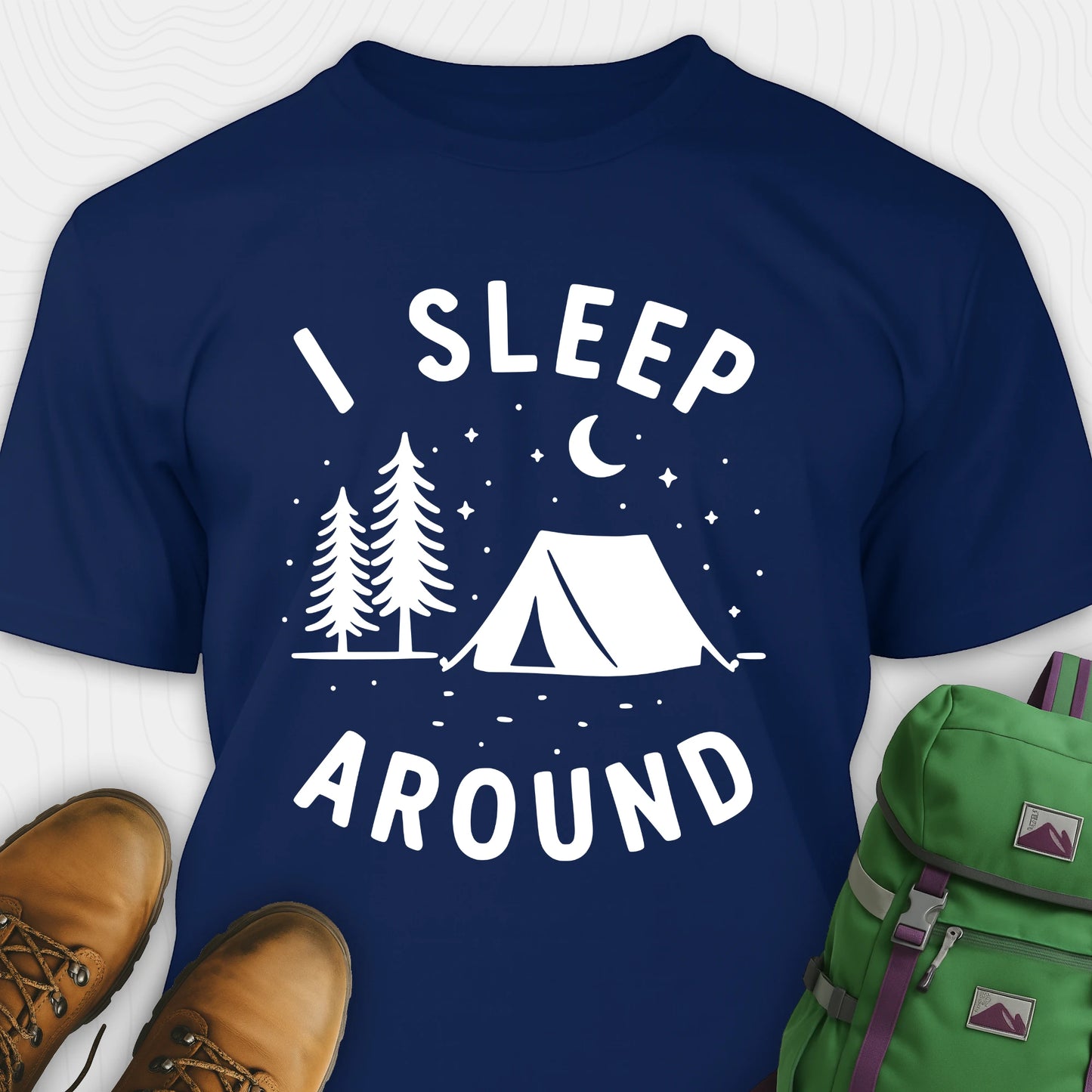Navy I sleep around camping shirt with tent, pine trees, moon and stars design