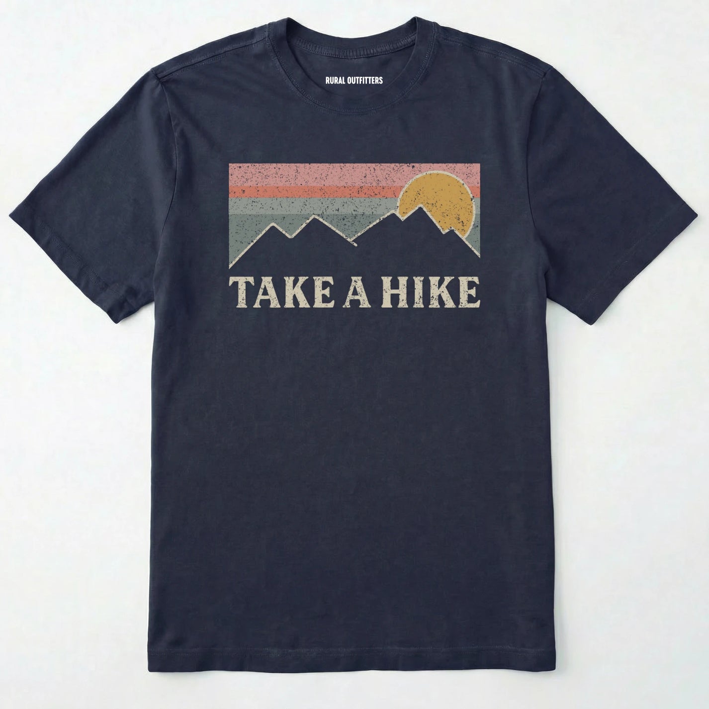 Navy take a hike shirt with retro sunset and mountain graphic on a white background.