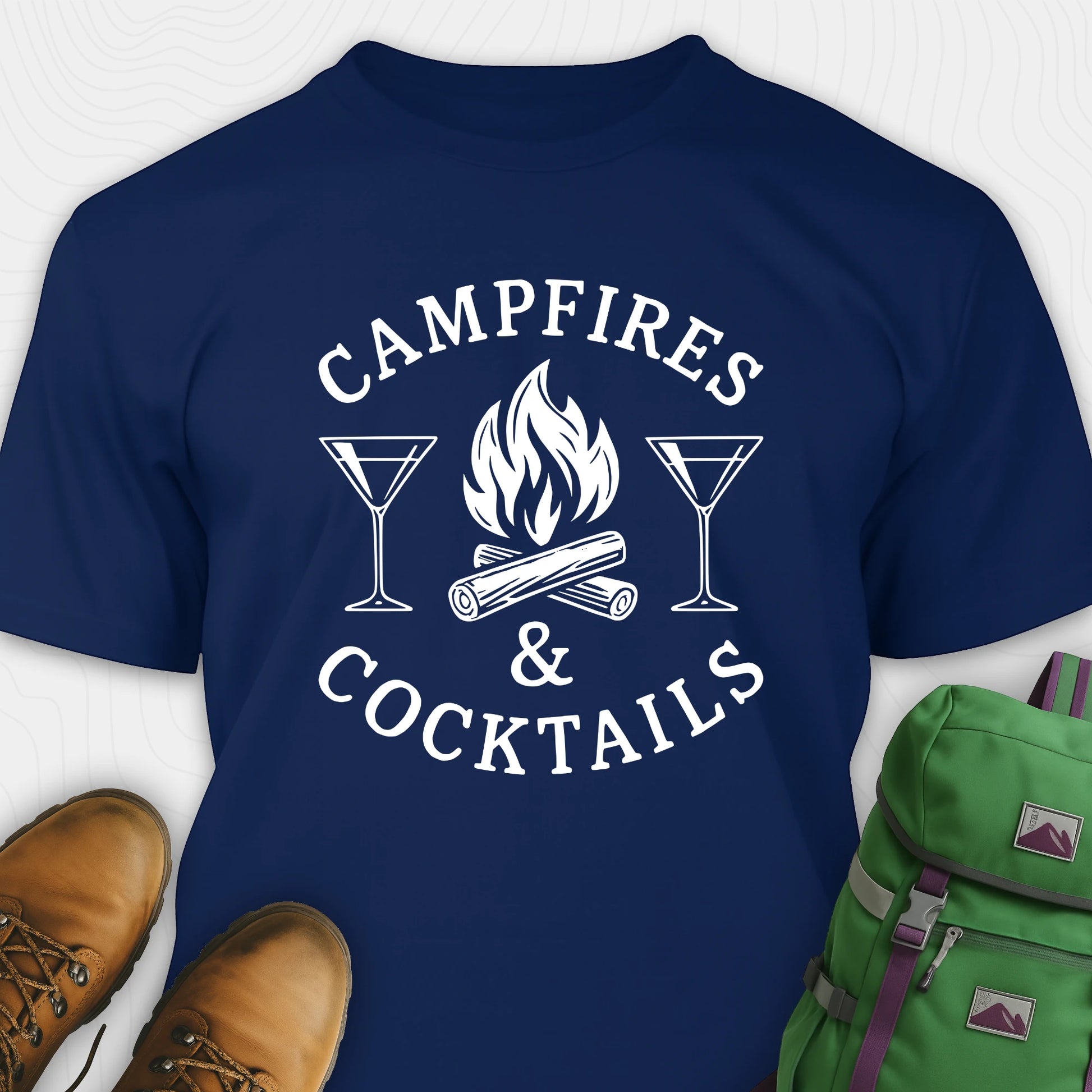 Navy campfires and cocktails shirt with martini glasses and campfire