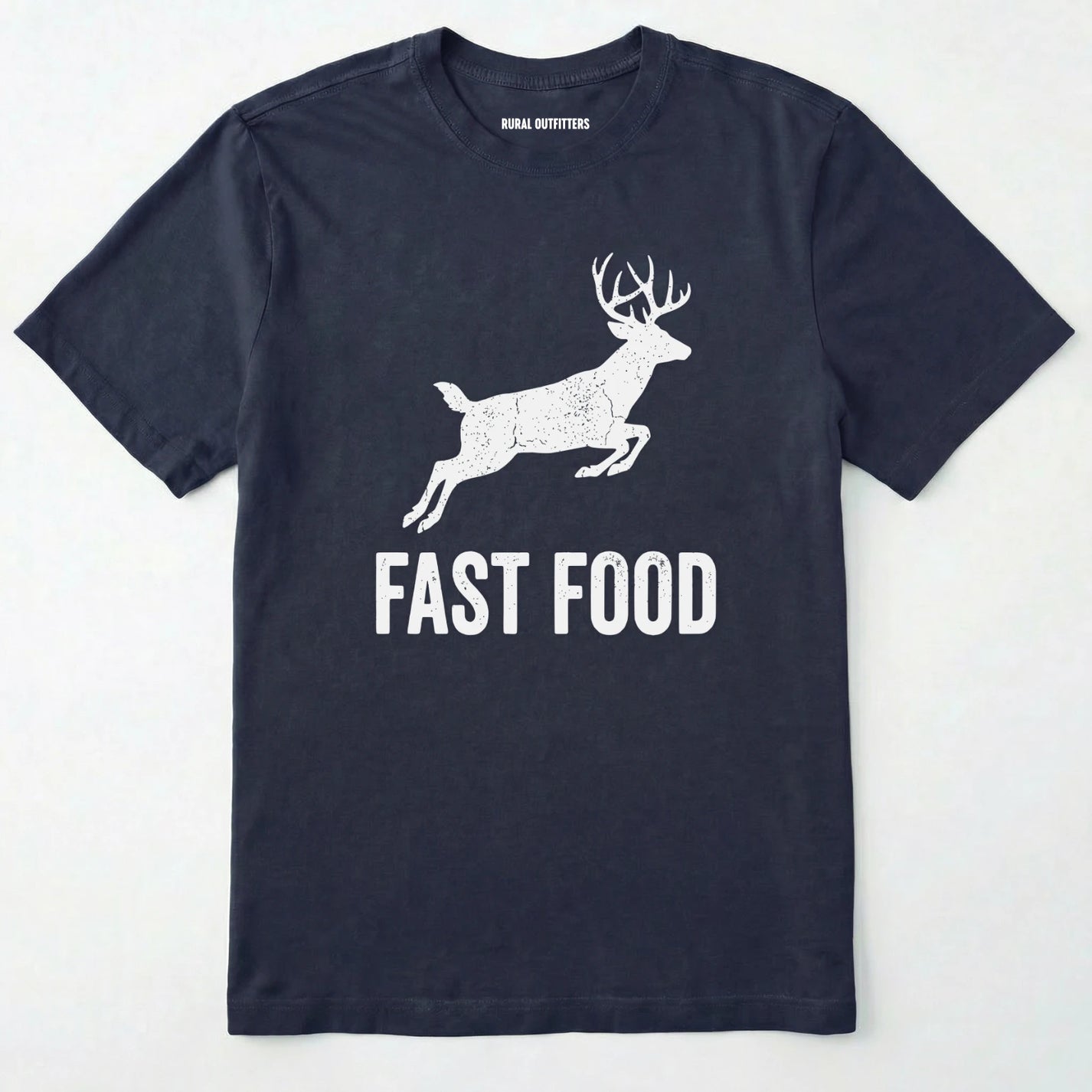 Navy t-shirt with white deer graphic and 'fast food' text on a white background