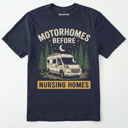 Navy blue t-shirt with a graphic of a van and text 'Motorhomes Before Nursing Homes' on a white background.