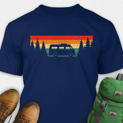 Navy retro camp shirt featuring forest silhouette and van design