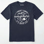 Navy funny camping shirt saying with mountains, trees, tent graphic and "i haven't camped everywhere but it's on my list" text on a white background.