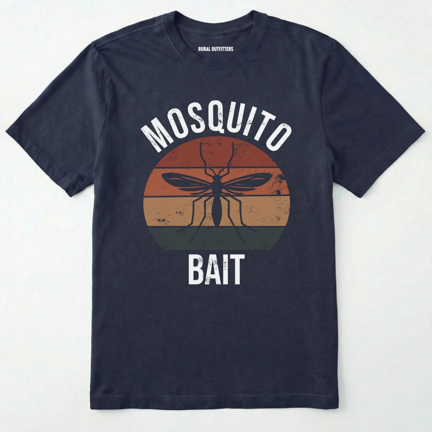 Navy mosquito shirt with mosquito graphic and 'mosquito bait' text on a white background