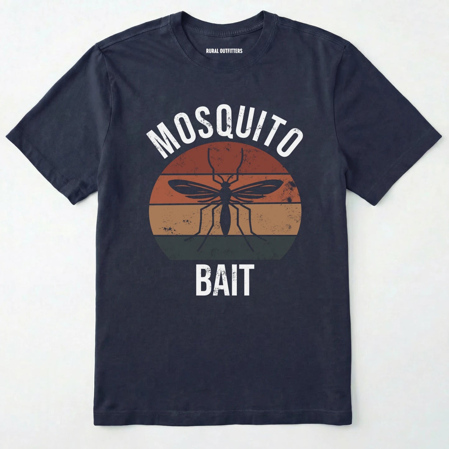 Navy mosquito shirt with mosquito graphic and 'mosquito bait' text on a white background