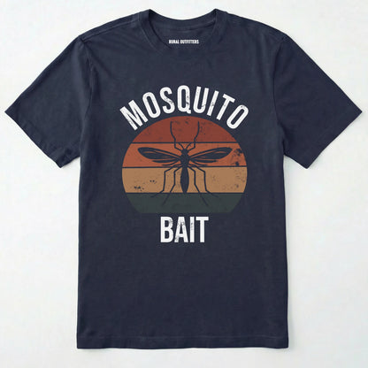 Navy mosquito shirt with mosquito graphic and 'mosquito bait' text on a white background