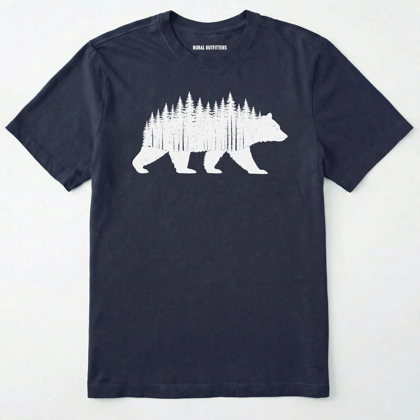 Navy t-shirt with a white bear and forest design on a white background