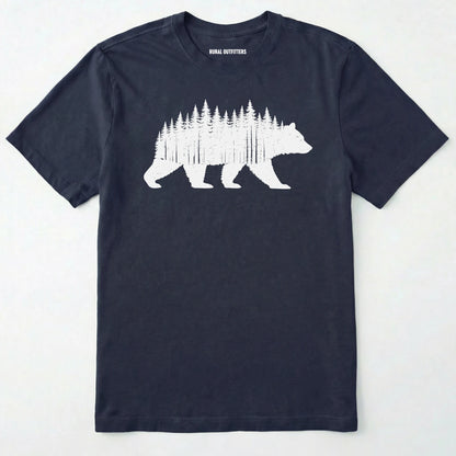 Navy t-shirt with a white bear and forest design on a white background