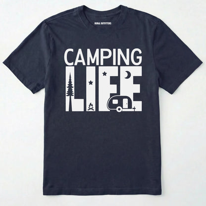 Navy camp life shirt featuring a camper and a pine tree design on a white background.