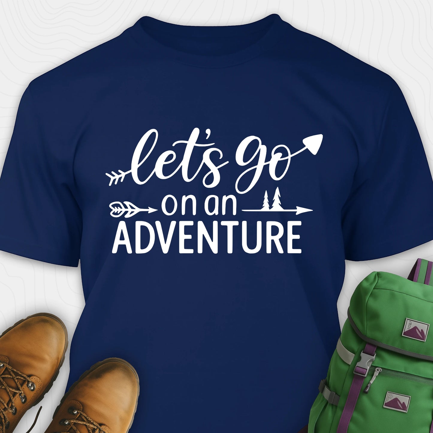 Navy lets go on an adventure shirt with arrow and trees graphic