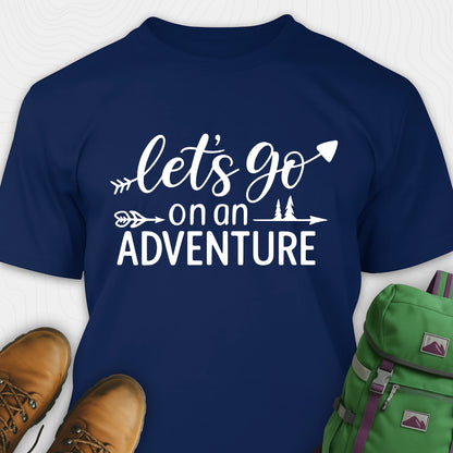 Navy lets go on an adventure shirt with arrow and trees graphic
