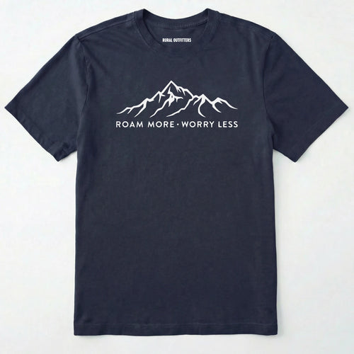 Navy Royal Rocky Mountain shirt with a white mountain graphic and text 'Roam More Worry Less' on a white background
