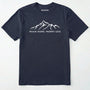 Navy rocky mountain shirt with a white mountain graphic and text 'roam more worry less' on a white background