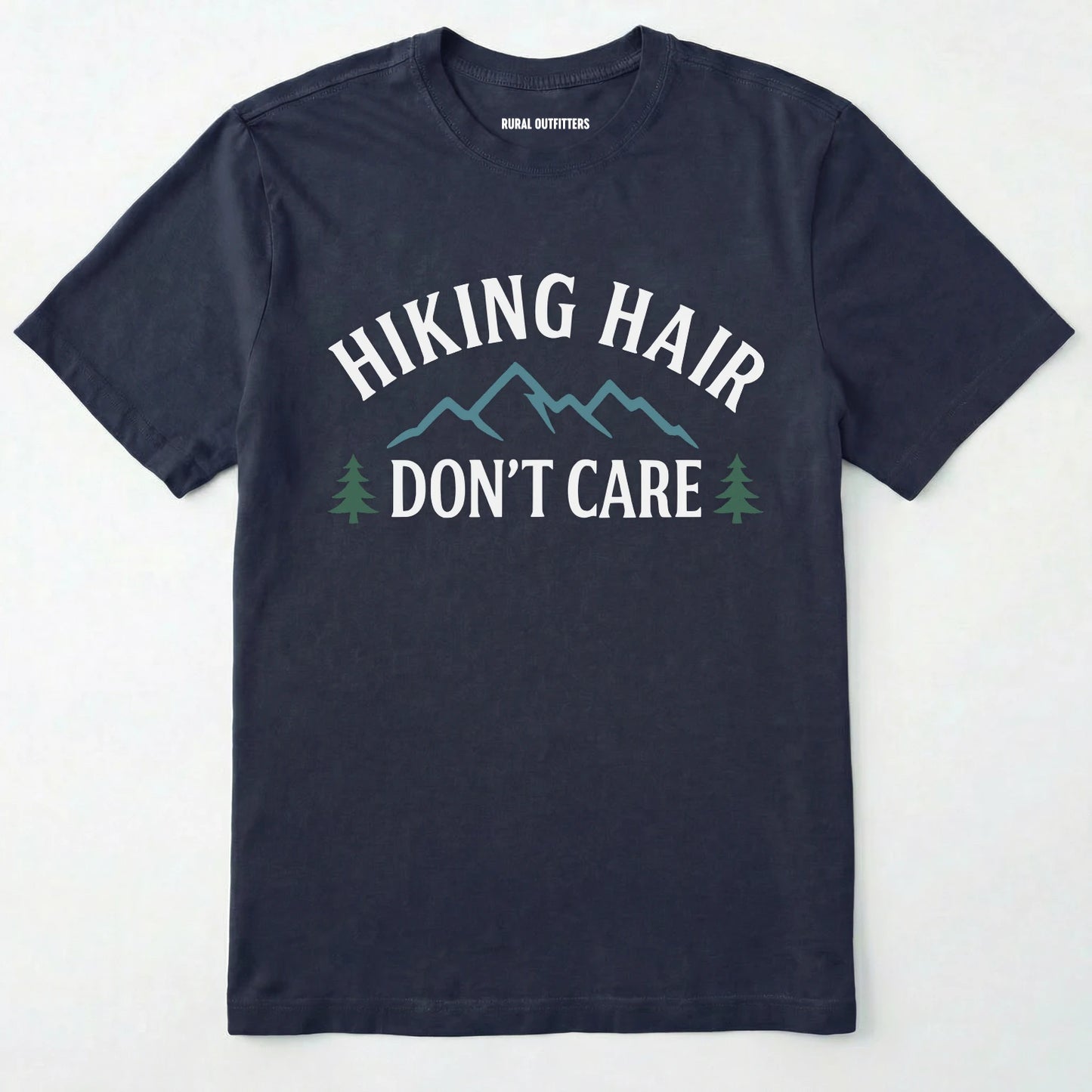 Navy hike shirt with mountain silhouette and pine trees on a white background.