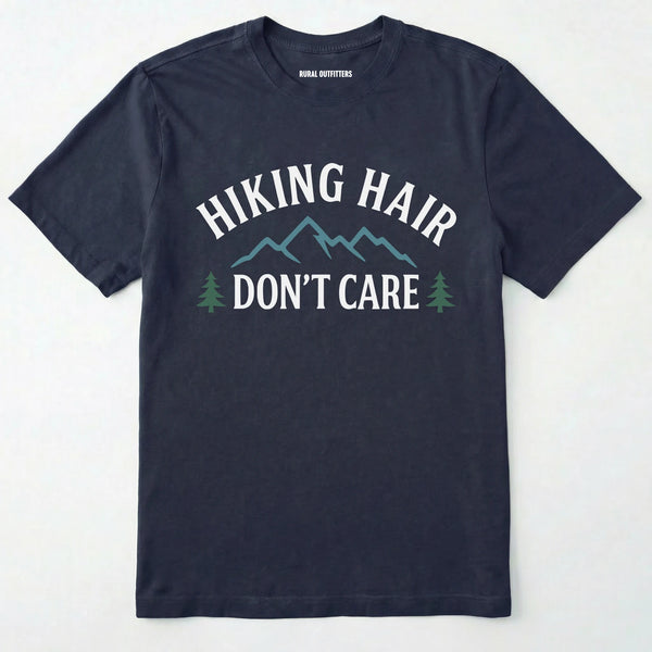 Navy hike shirt with mountain silhouette and pine trees on a white background.