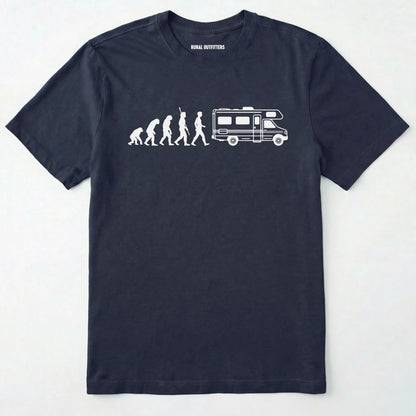 Navy evolution shirt featuring a human to rv silhouette graphic on a white background.
