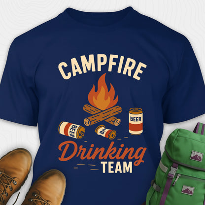 Navy campfire drinking team t-shirt with beer cans and campfire graphic