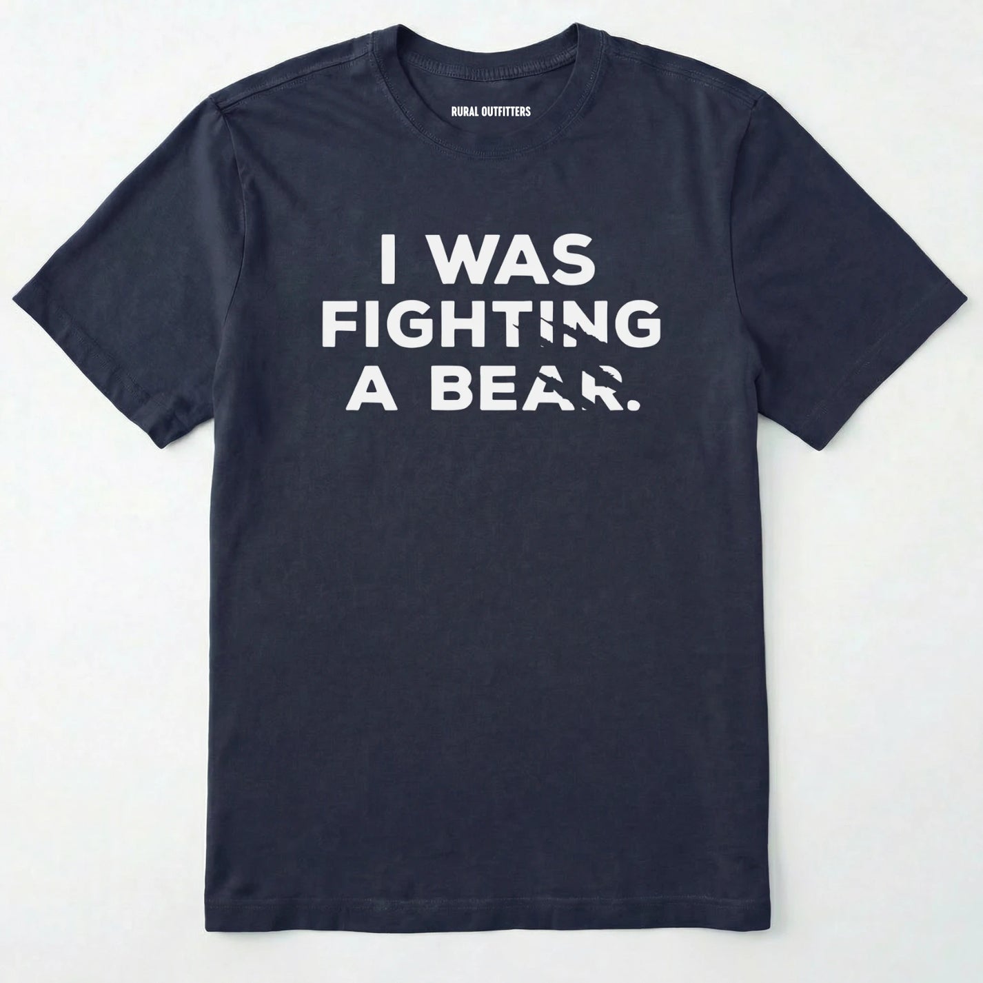 Navy i was fighting a bear shirt with a bear scratch mark graphic on a white background.