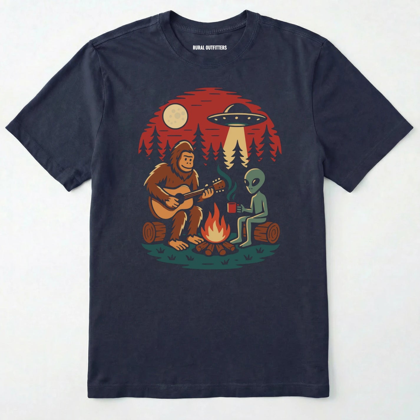 Navy alien shirt with ufo, bigfoot camping by the fire design on a white background.