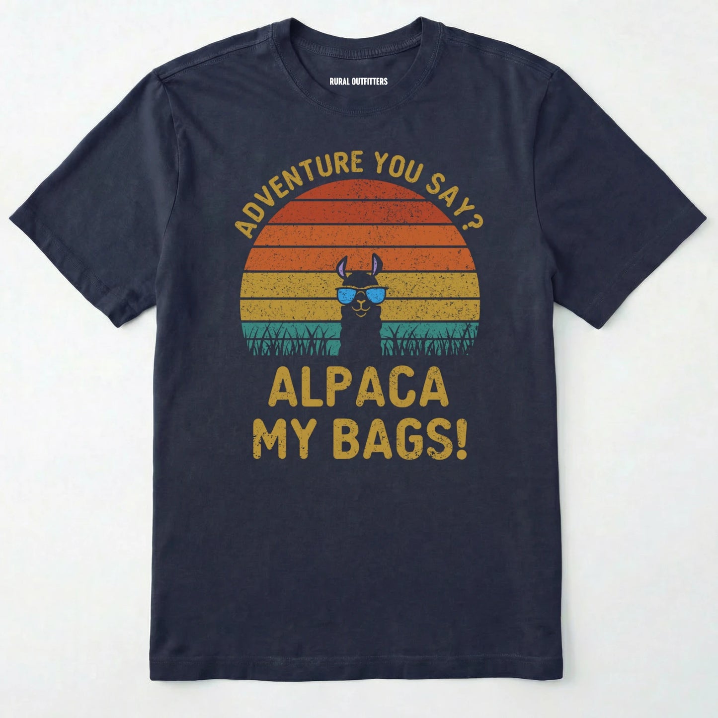 Navy alpaca my bags shirt with retro sunset and llama graphic on a white background.