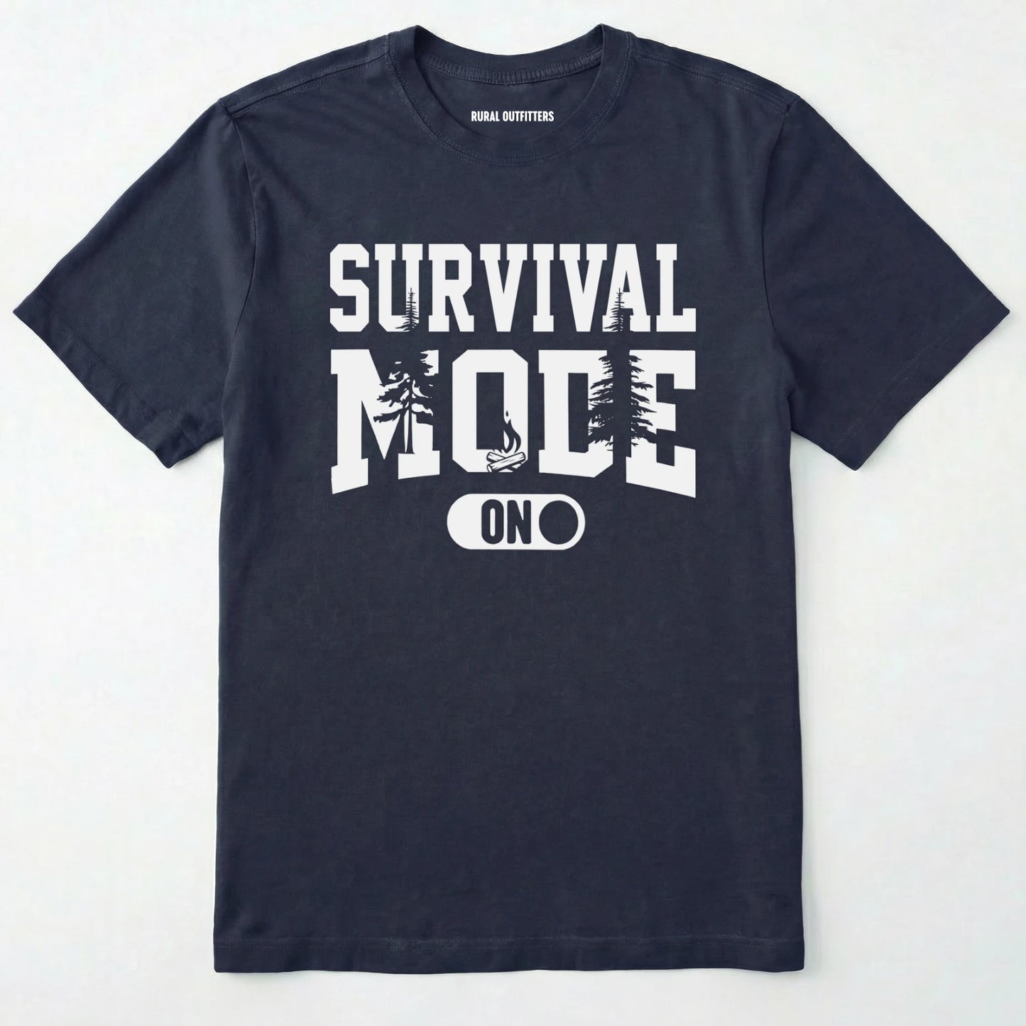 Navy survival mode shirt with camping-themed graphic and rugged text on a white background.