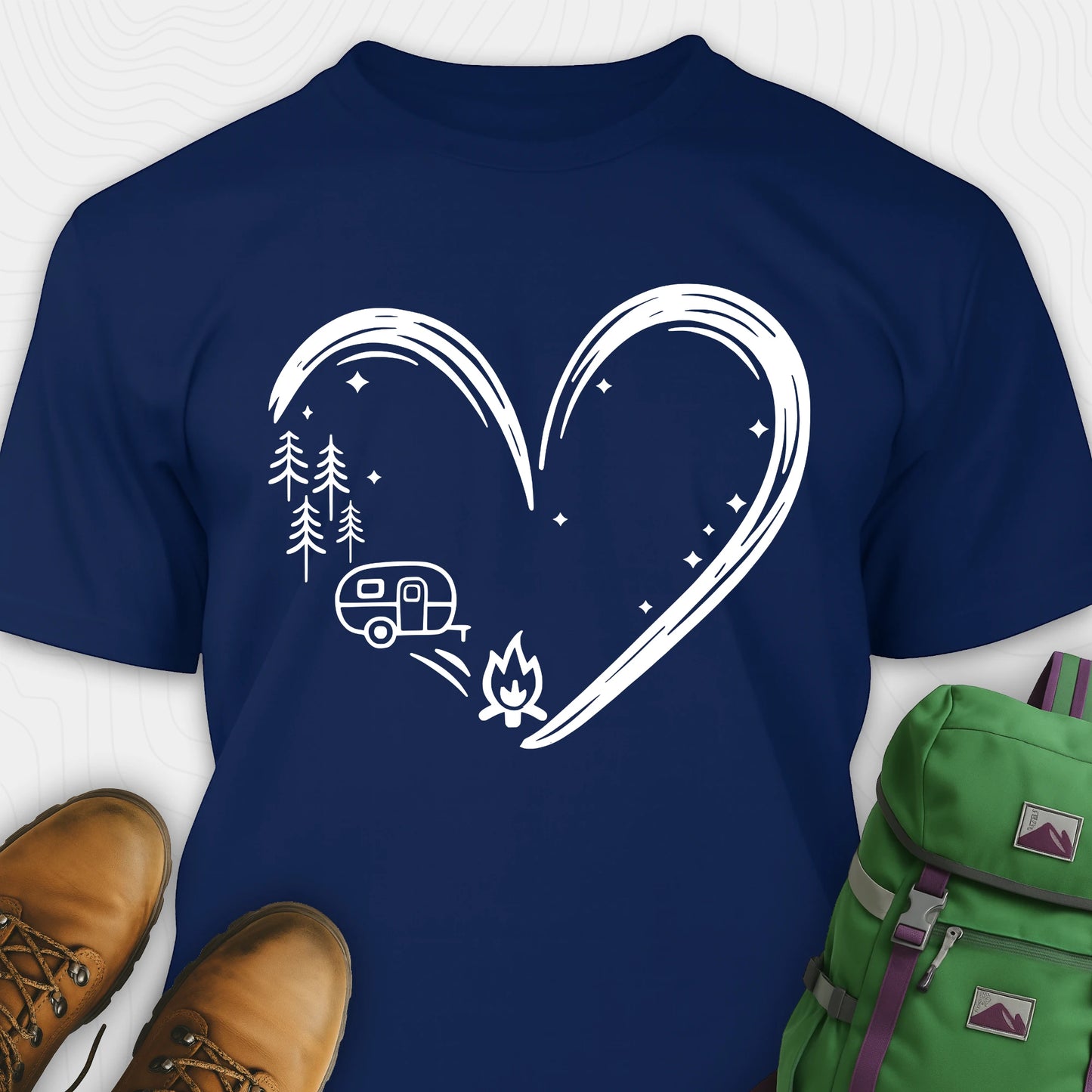 Navy I love camping shirt with heart-shaped mountain and camper design