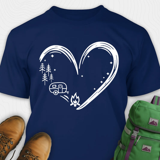 Navy I love camping shirt with heart-shaped mountain and camper design