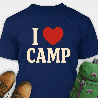 Navy I love camp t-shirt with bold text and heart design