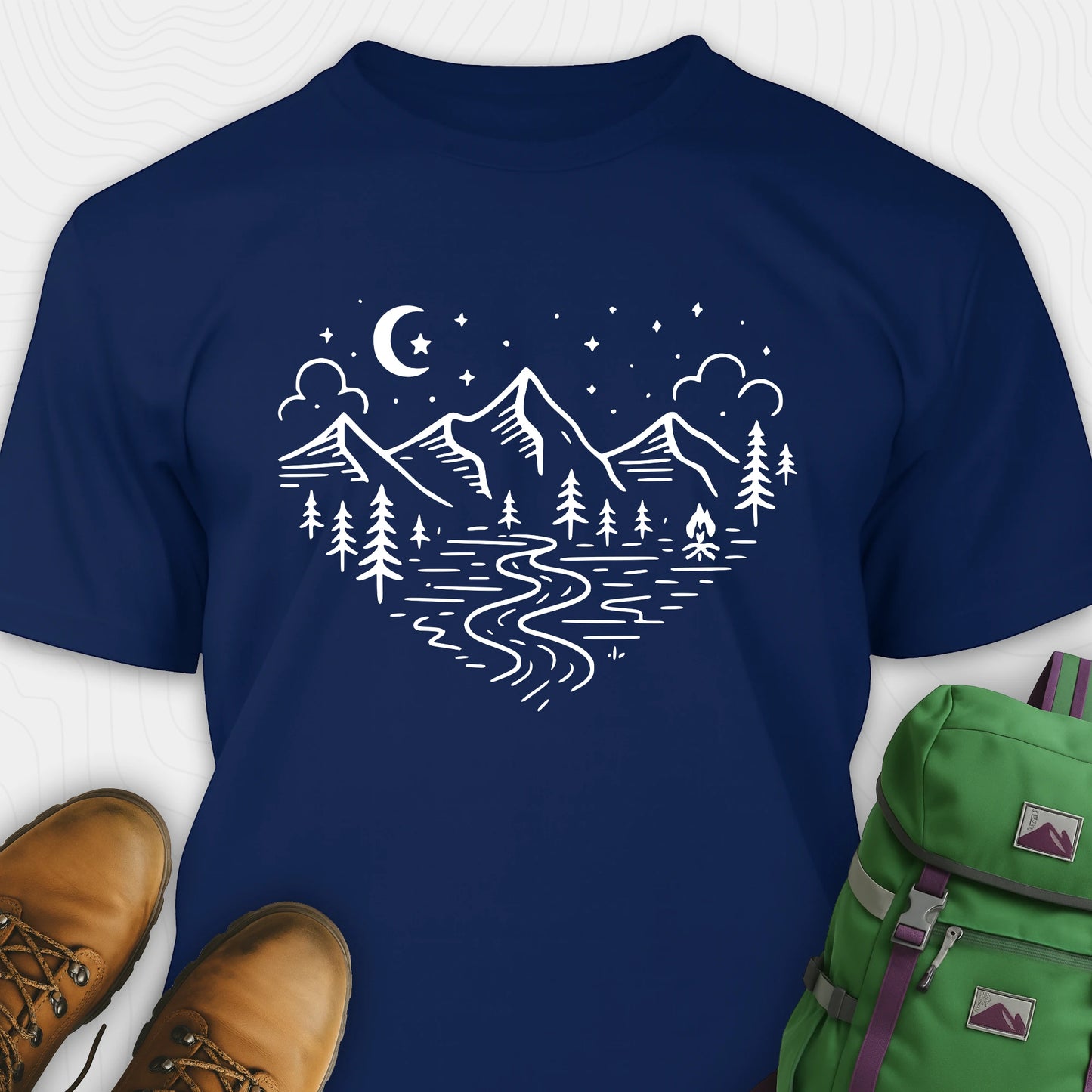 Navy love nature t-shirt with mountain and forest heart graphic