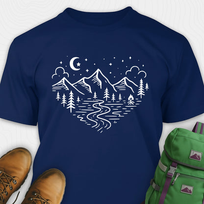 Navy love nature t-shirt with mountain and forest heart graphic