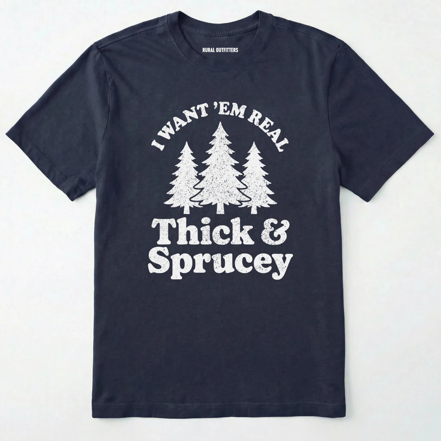 Navy t-shirt with white text and tree graphics on a white background