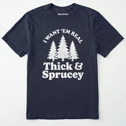 Navy t-shirt with white text and tree graphics on a white background