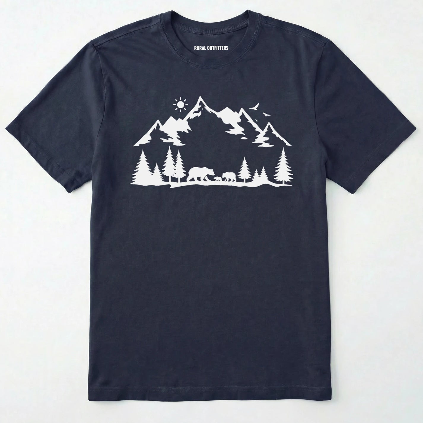Navy wildlife t-shirt with white mountain and bear design, on a plain white background.