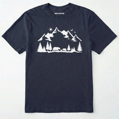 Navy wildlife t-shirt with white mountain and bear design, on a plain white background.