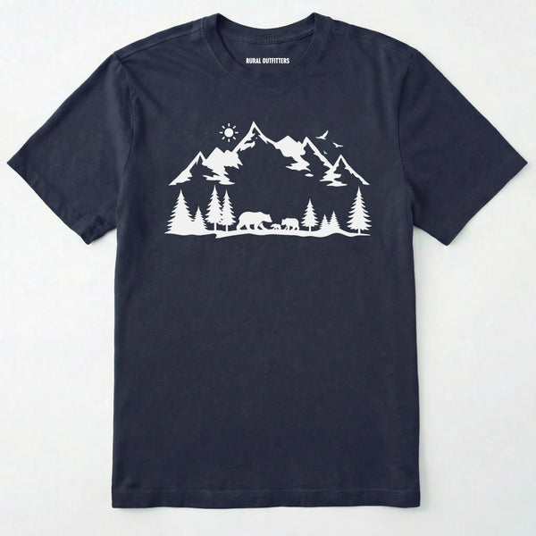 Navy wildlife t-shirt with white mountain and bear design, on a plain white background.