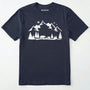 Navy wildlife t-shirt with white mountain and bear design, on a plain white background.