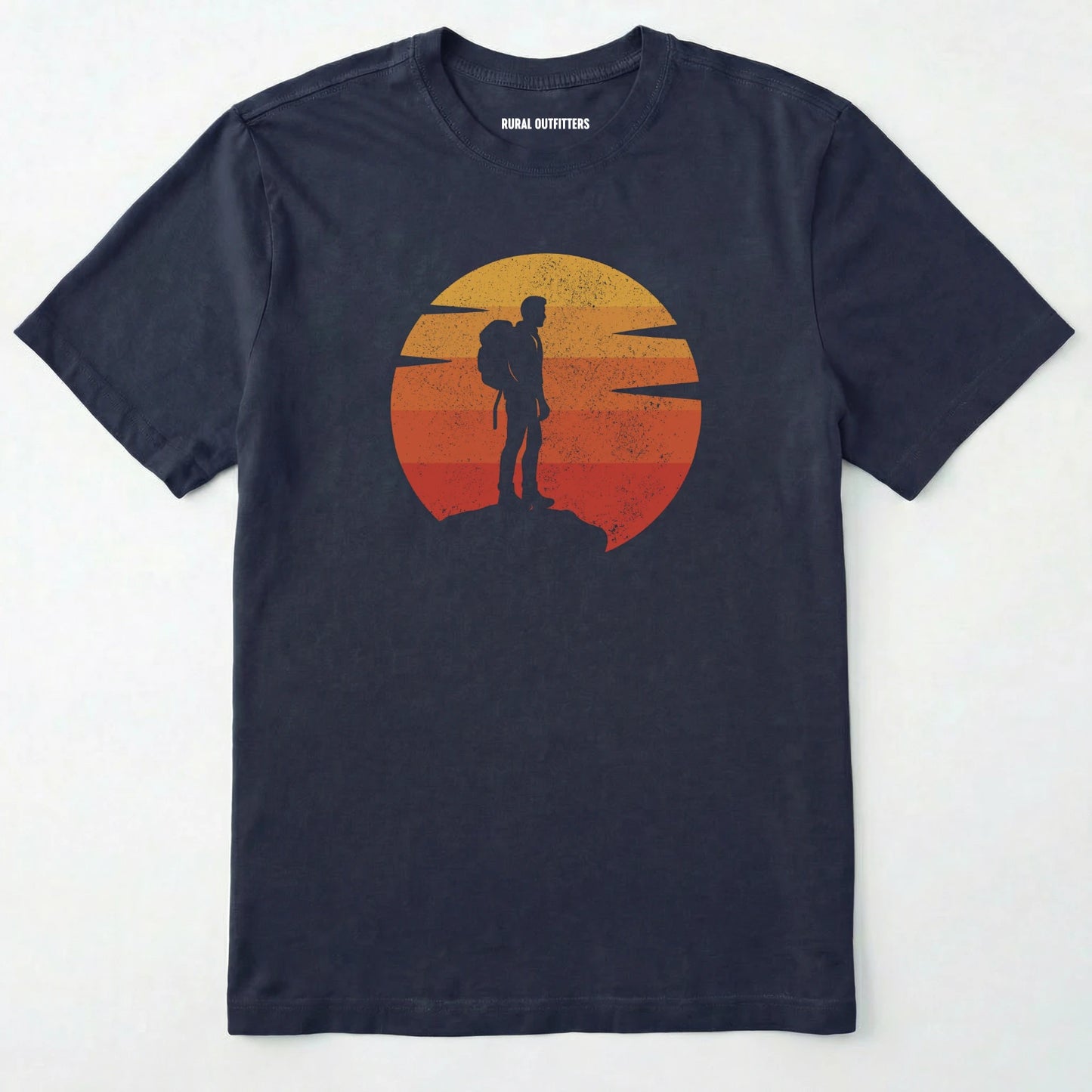 Navy retro sunset t-shirt with hiker silhouette on a white background.