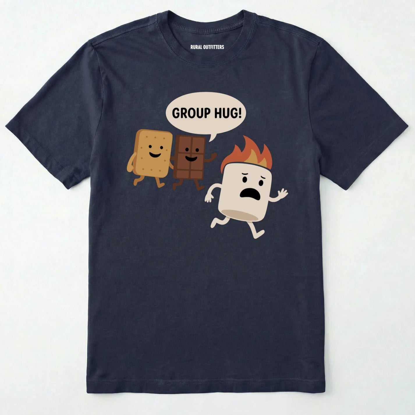 Navy smores shirt with marshmallow chocolate and graham cracker characters with "group hug!" text on a white background.