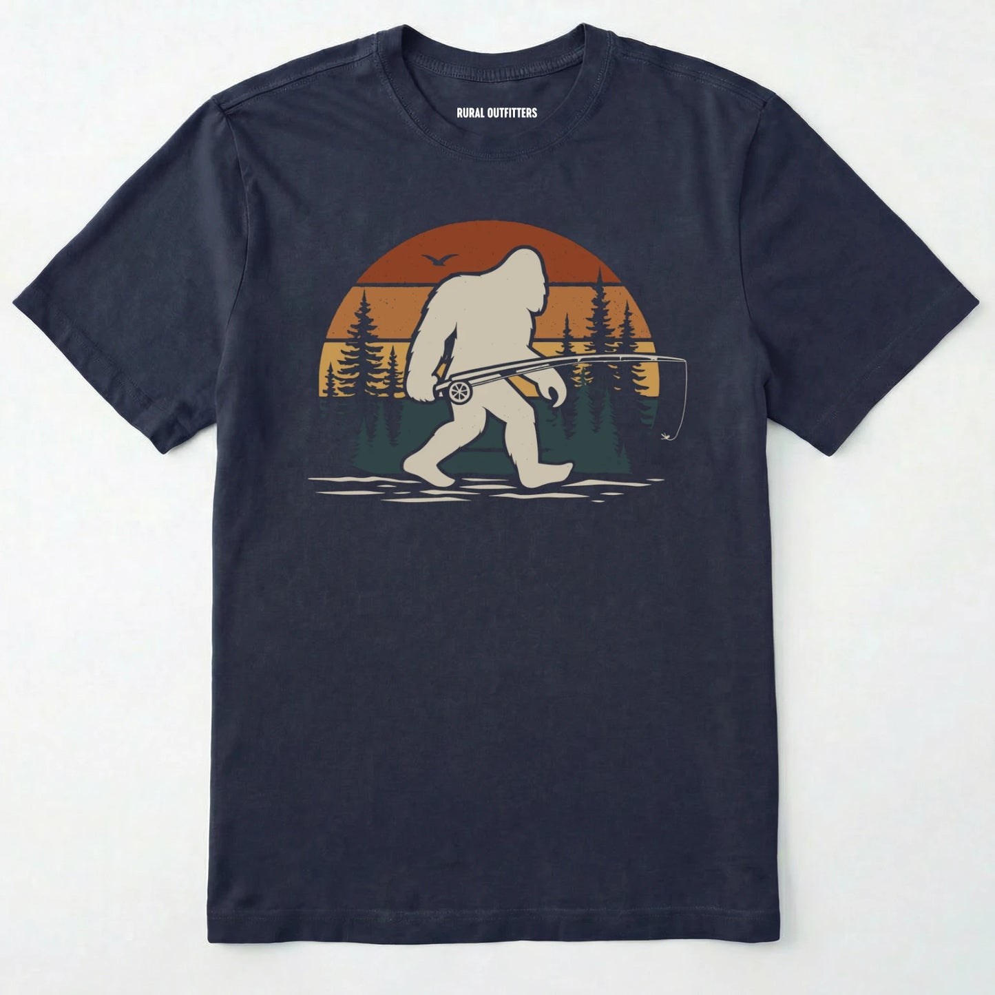 Navy bigfoot fishing shirt with retro forest background